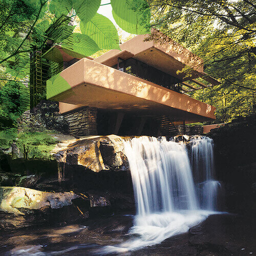 Fallingwater house cantilevered over a waterfall surrounded by green forest.