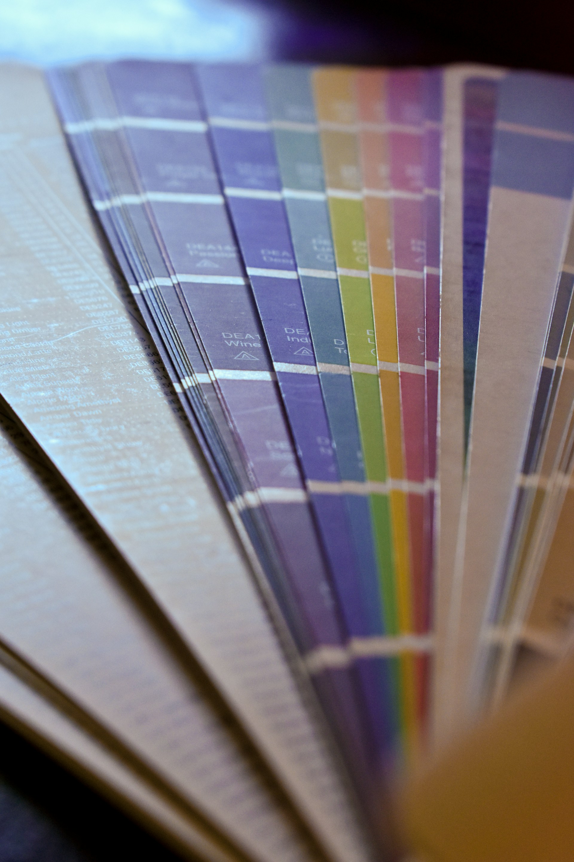 Close-up of a handheld fan of color swatch cards arranged in a gradient with text labels.