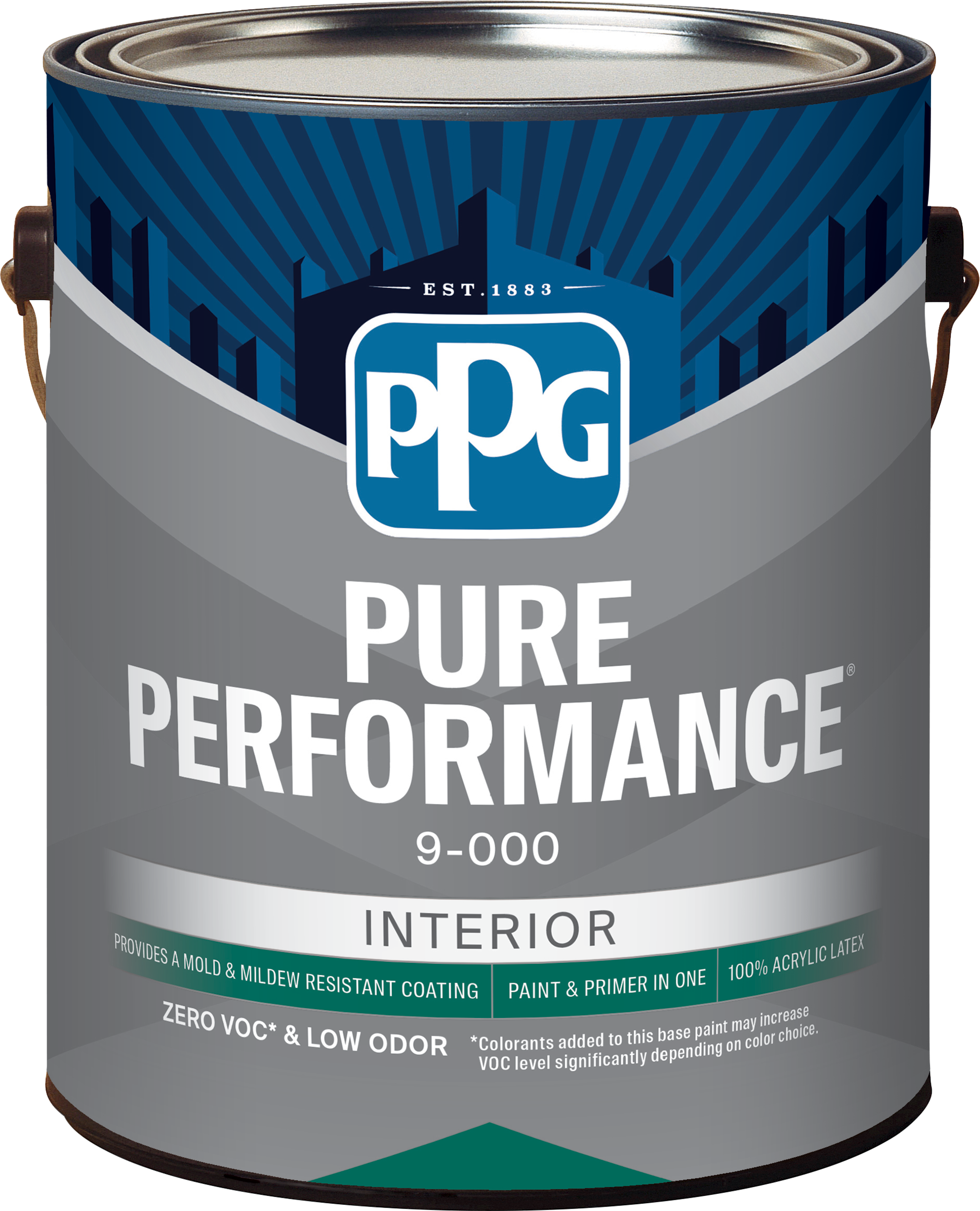 PPG Pure Performance 9-000 interior paint can with mold and mildew resistant coating, paint and primer in one, zero VOC and low odor.
