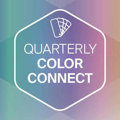 Hexagonal badge with a color swatch icon above the text 'QUARTERLY COLOR CONNECT' on a gradient blue to purple background.