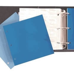 Open binder with loose clear sheet protectors and a closed blue binder cover.