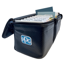Black rectangular organizer box with PPG logo containing color sample cards.