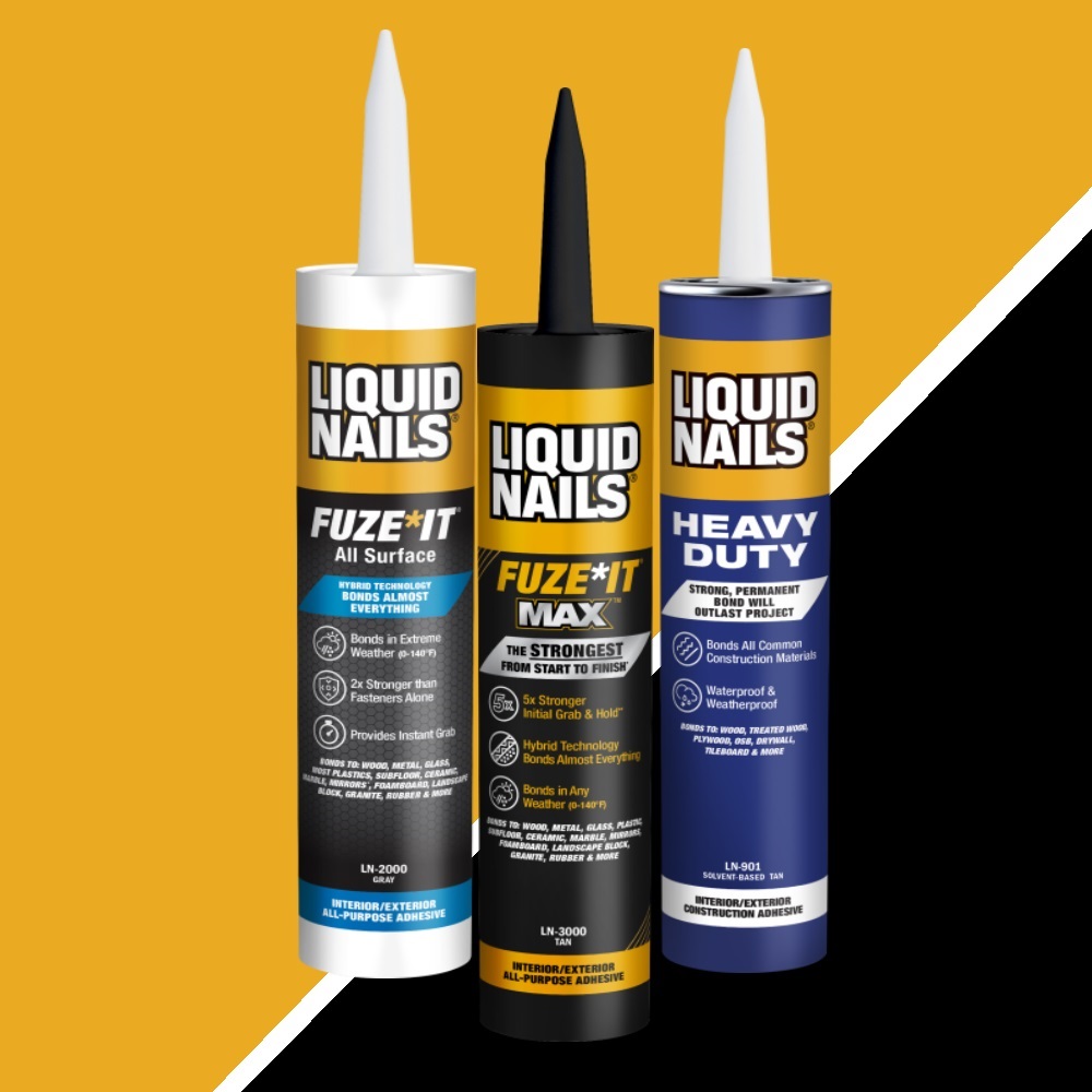 Three tubes of Liquid Nails adhesive products with FUZE*IT and Heavy Duty labels against a split yellow and black background.