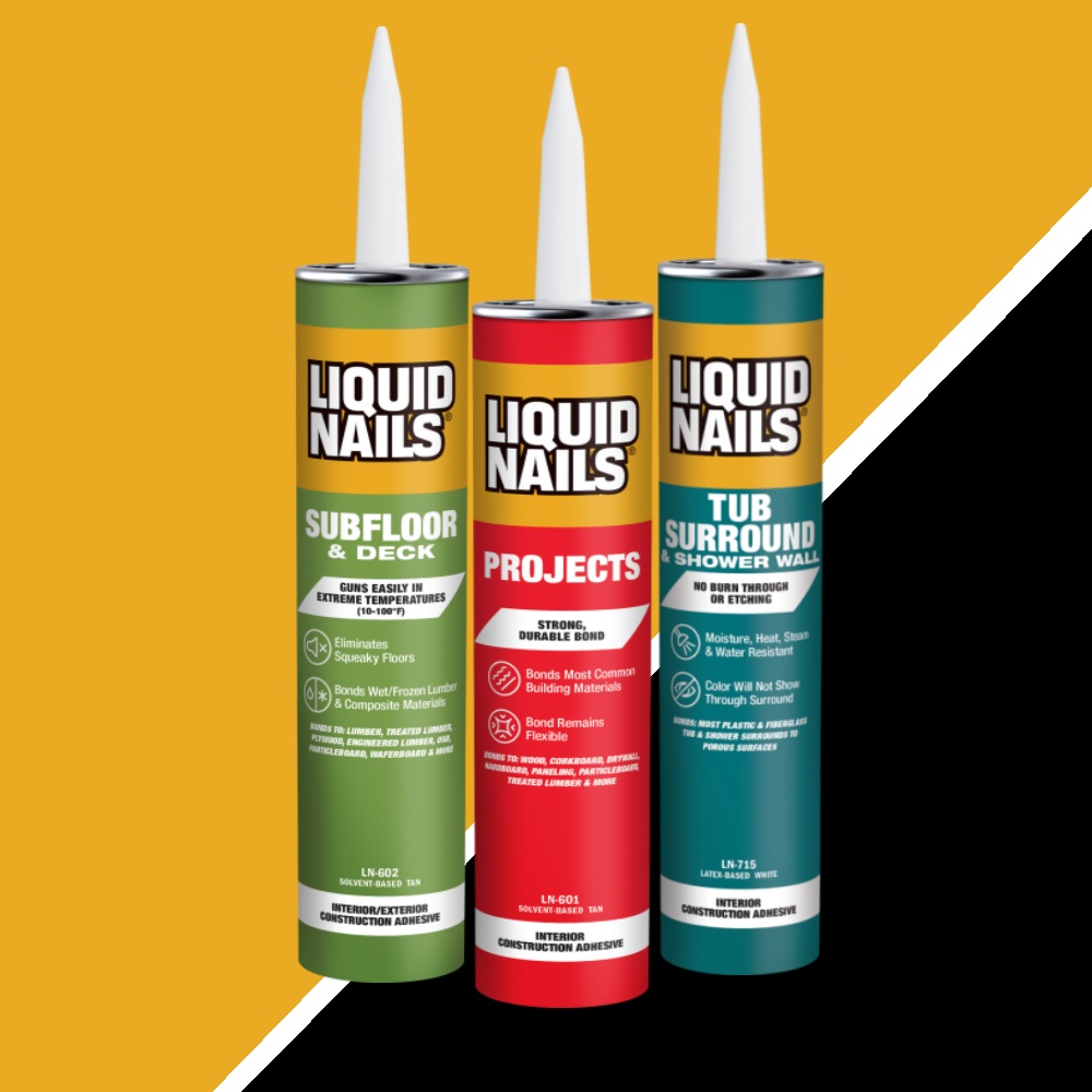 Three tubes of Liquid Nails construction adhesive in green, red, and blue packaging on a diagonal yellow and black background.