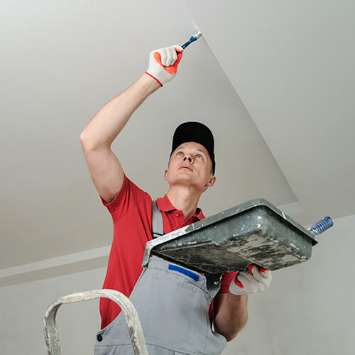 Painter in red shirt and gray overalls standing on a ladder, painting a ceiling white with a brush and holding a paint tray.