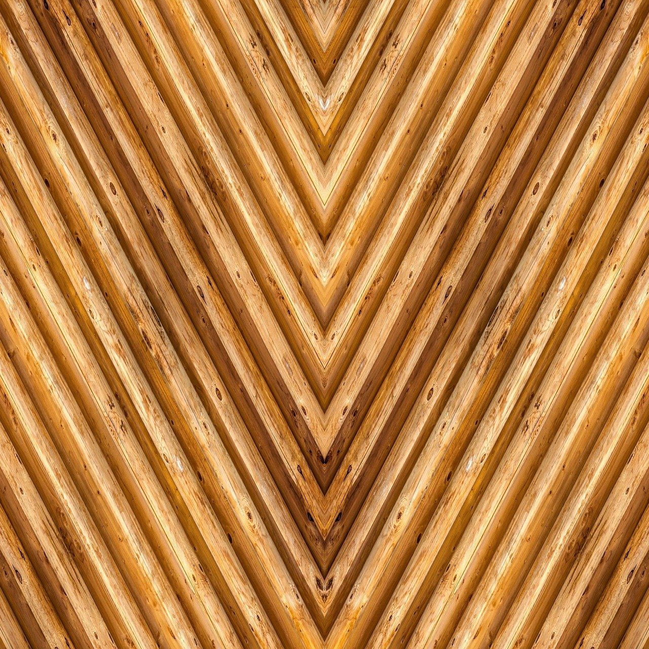 Symmetrical V-shaped pattern made from polished wooden planks with natural grain and knots.