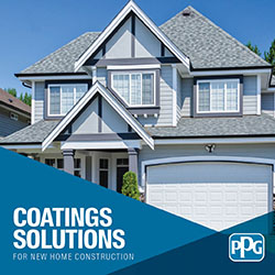 Modern two-story house with gray siding and roof under a clear blue sky, accompanied by a blue banner reading 'Coatings Solutions for New Home Construction' and the PPG logo.