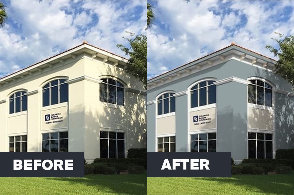 Side-by-side comparison of a two-story office building before and after painting, showing the building with beige walls on the left and gray-blue walls on the right.