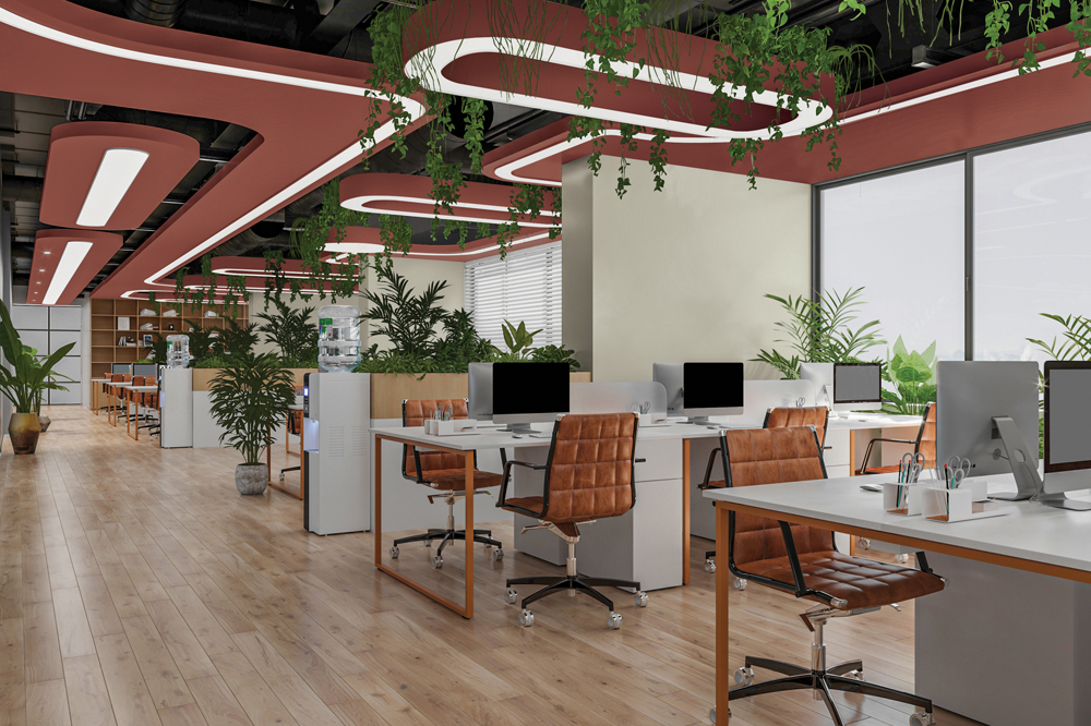 Modern open office space with wooden floors, white desks, brown leather chairs, ceiling lights with red accents, and hanging green plants.