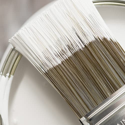 Close-up of paintbrush bristles partially dipped in white paint with a paint can rim in the background.