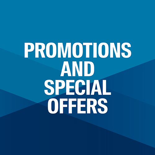 White text reading 'PROMOTIONS AND SPECIAL OFFERS' on a blue geometric background.