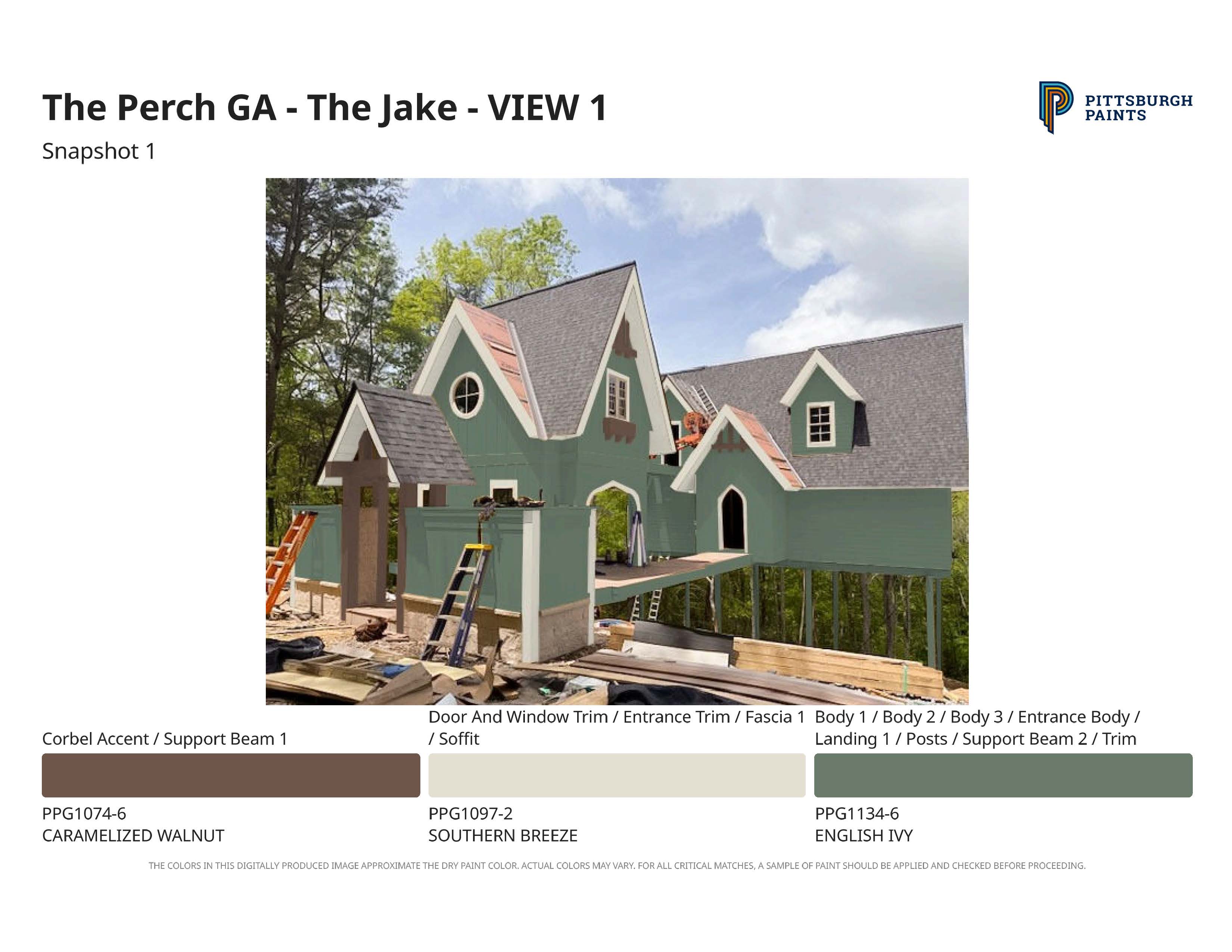 Under-construction tall green house with steep gable roofs surrounded by trees and ladders.