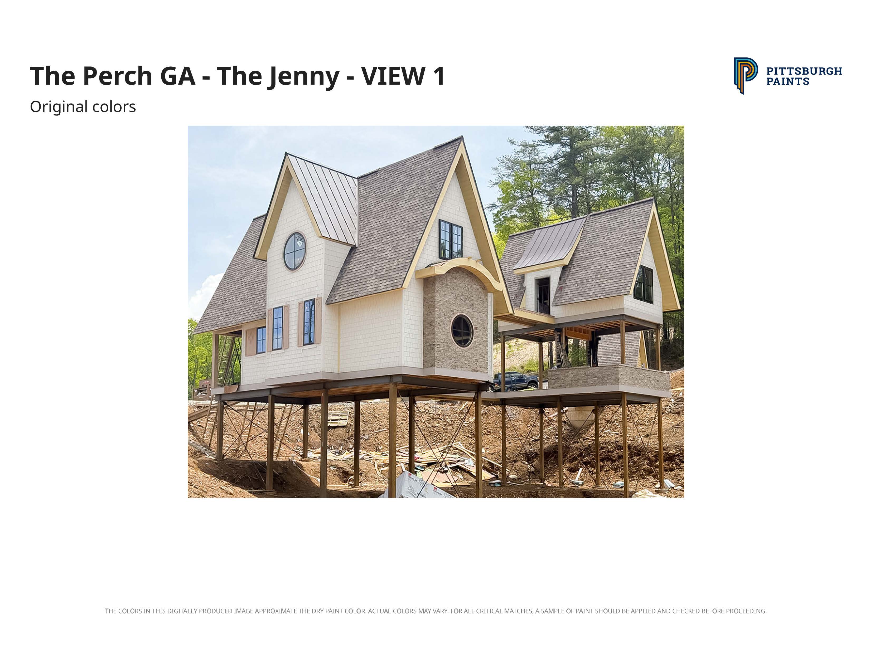 Two beige elevated houses with steep roofs on stilts in a wooded construction area.