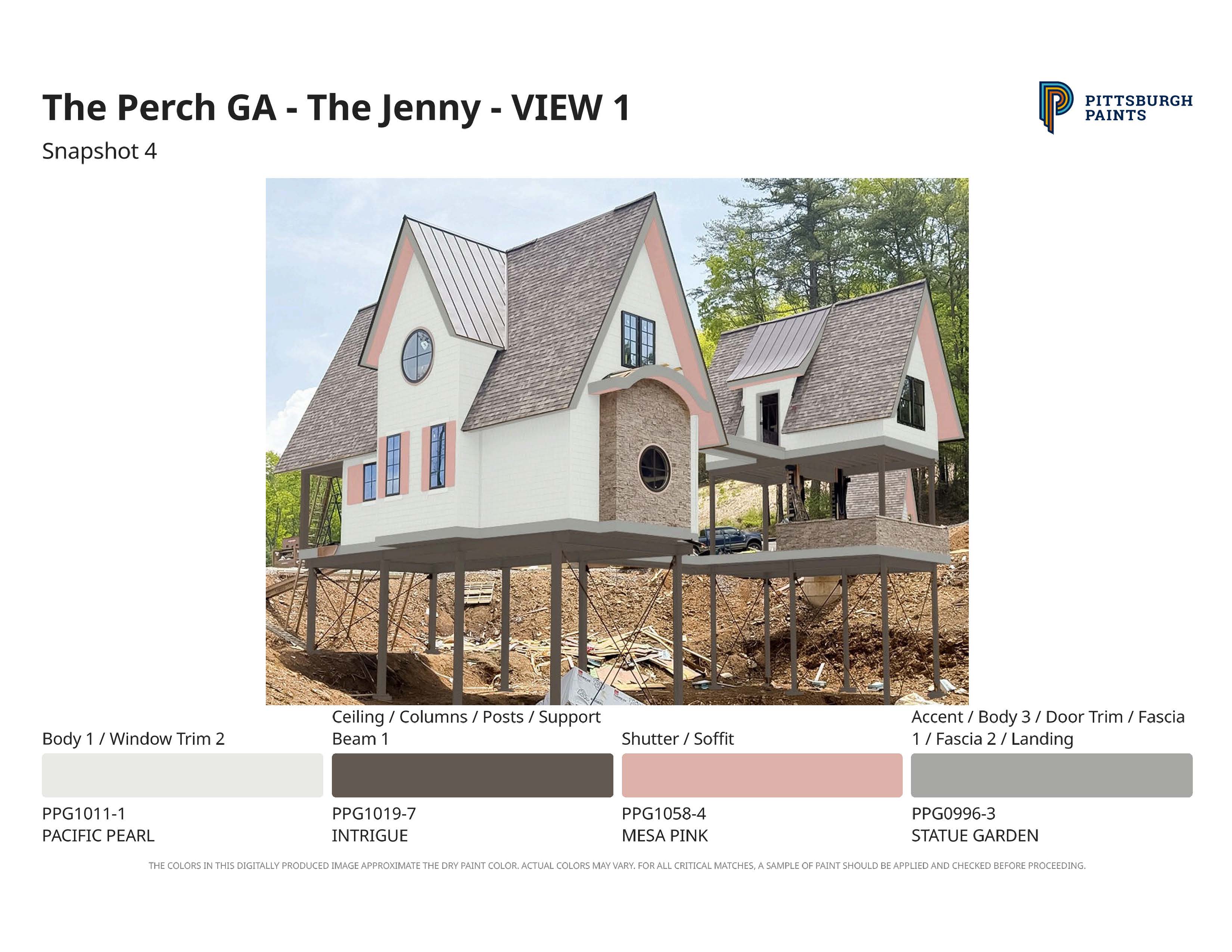 Two elevated houses with steep roofs in pastel paint colors by Pittsburgh Paints with color swatches below.