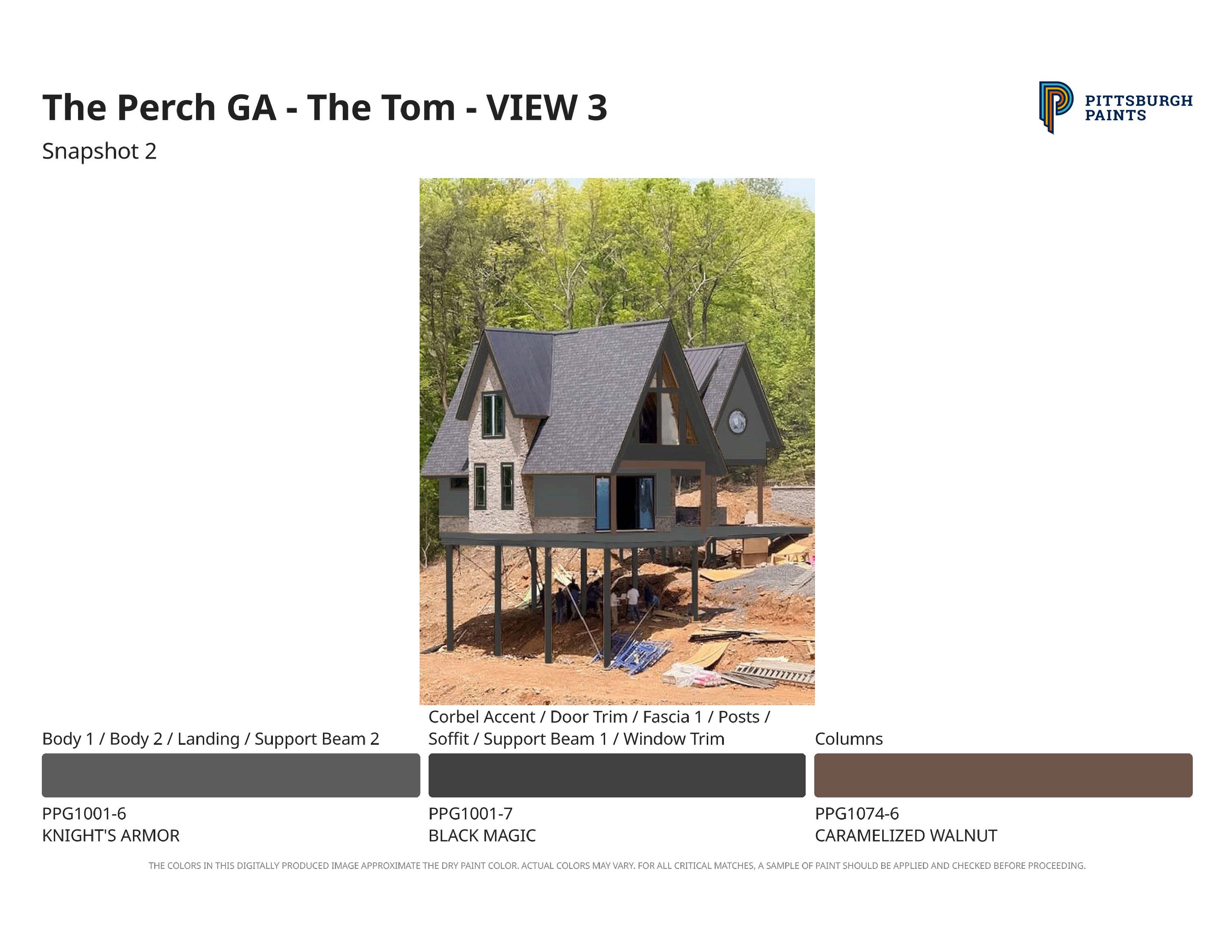 Modern house on stilts with steep roof, surrounded by trees and earth under construction.
