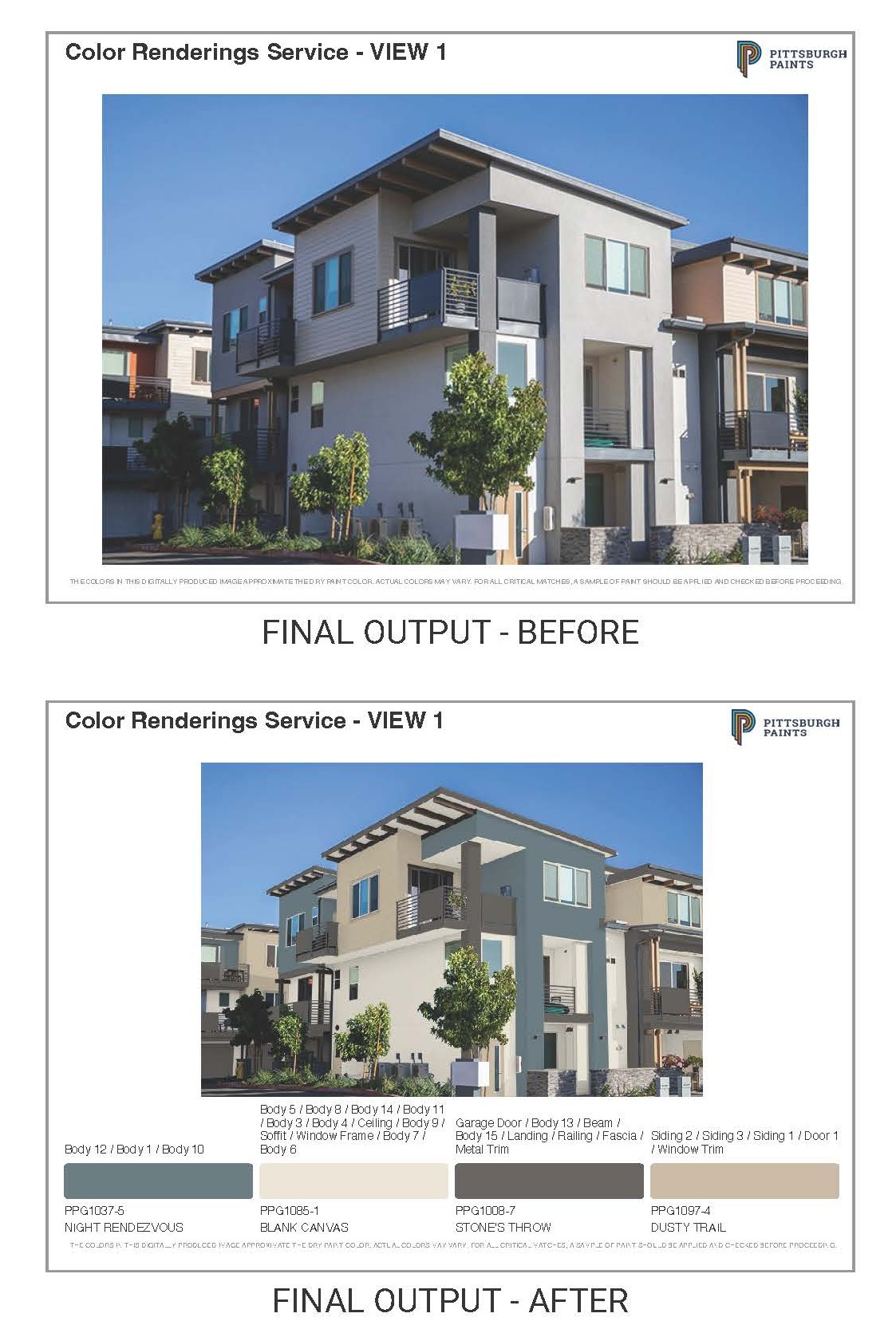 Comparison of a modern townhouse before and after paint conversion with Pittsburgh Paint color samples.