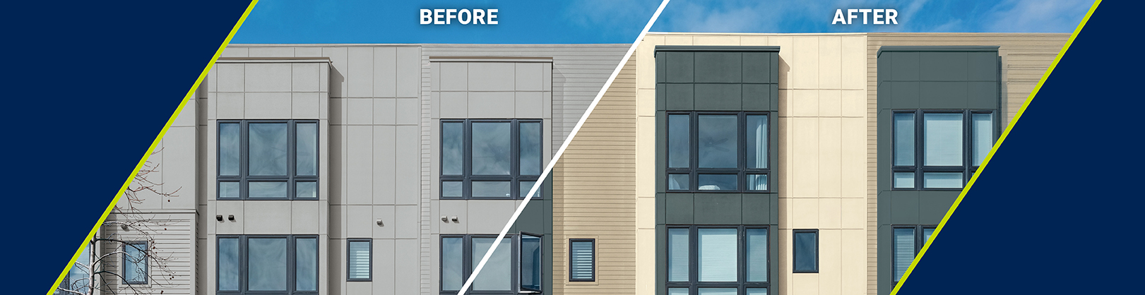 Split image showing apartment building before with plain gray facade and after with modern beige and dark gray accents.
