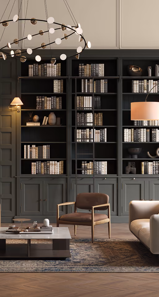Dark green painted library bookshelves in a living room
