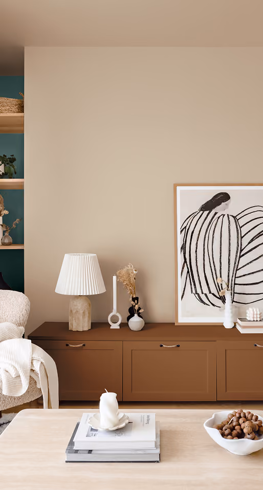 Beige wall and terracotta cabinet in living room