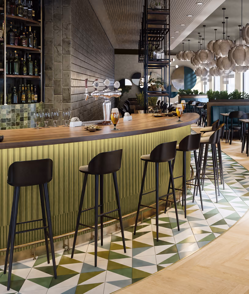 Green painted bar counter in a modern restaurant