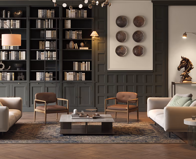 Dark green painted library bookshelves in a living room