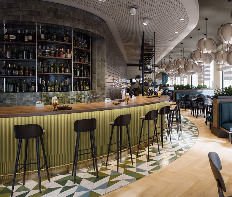 Green painted bar counter in a modern restaurant