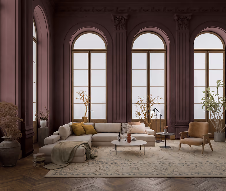 Plum painted walls and large sofa in interior