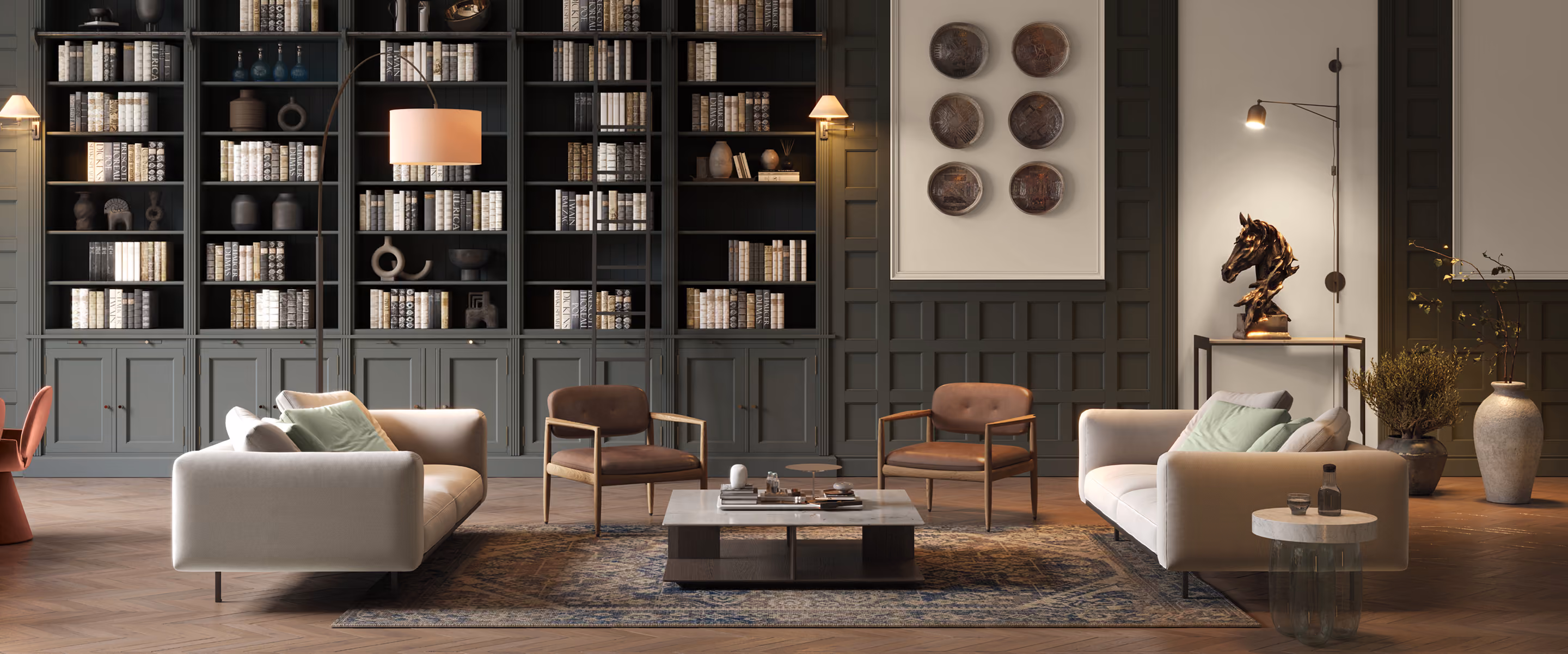 Dark green painted library bookshelves in a living room