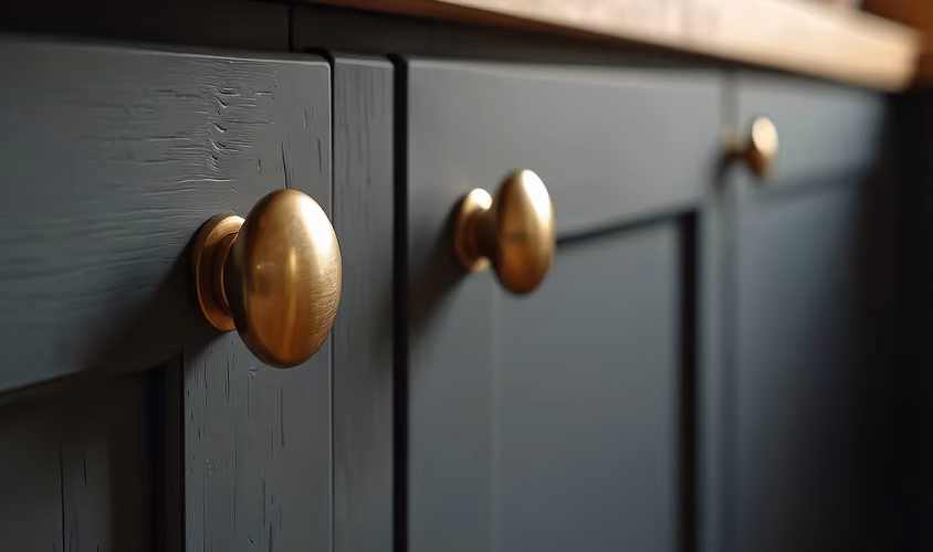 A macro shot of round brass knobs on dark gray shaker-style kitchen cabinet doors