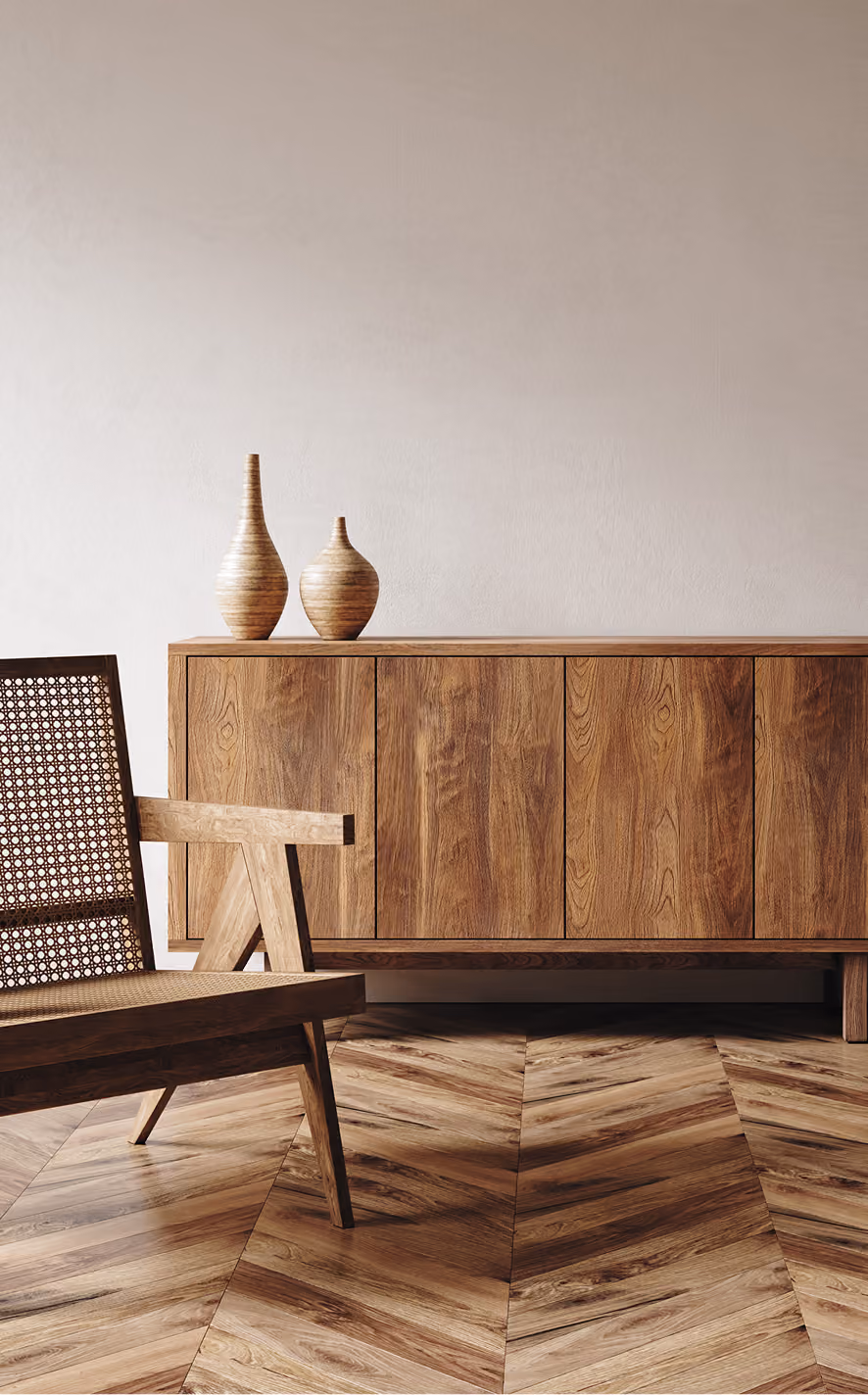 Wooden sideboard console against a beige wall