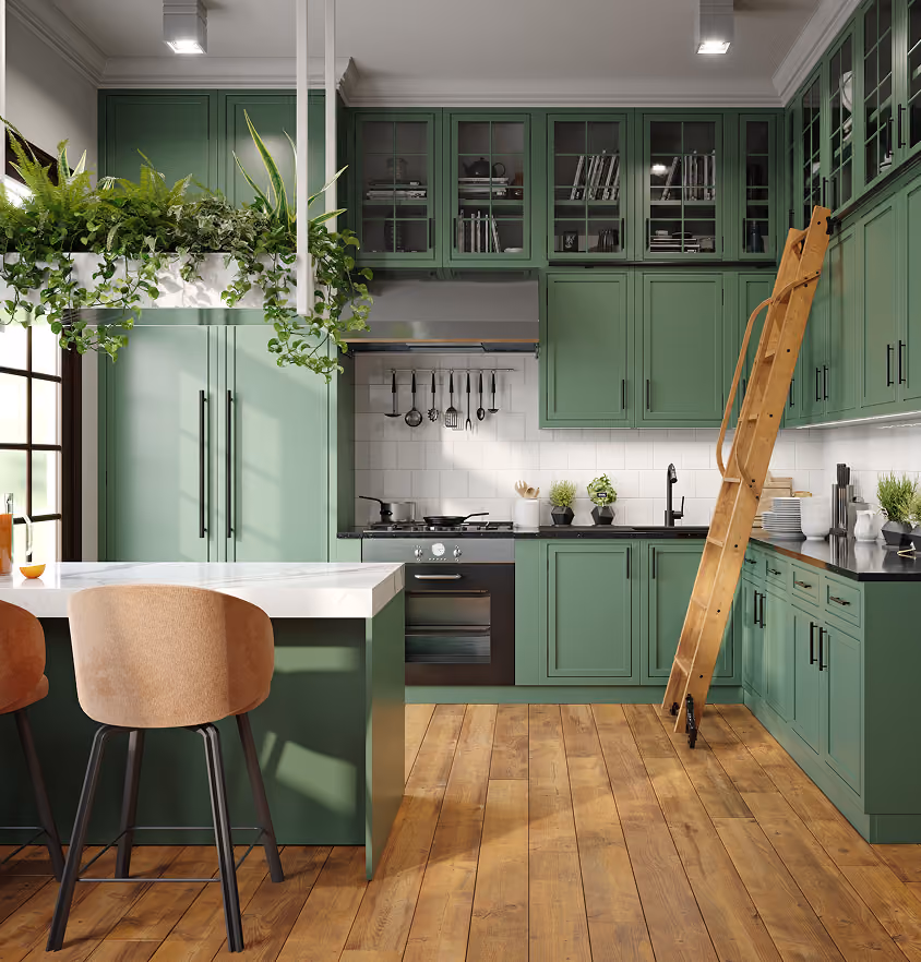 Modern sage green kitchen interior with wooden floors