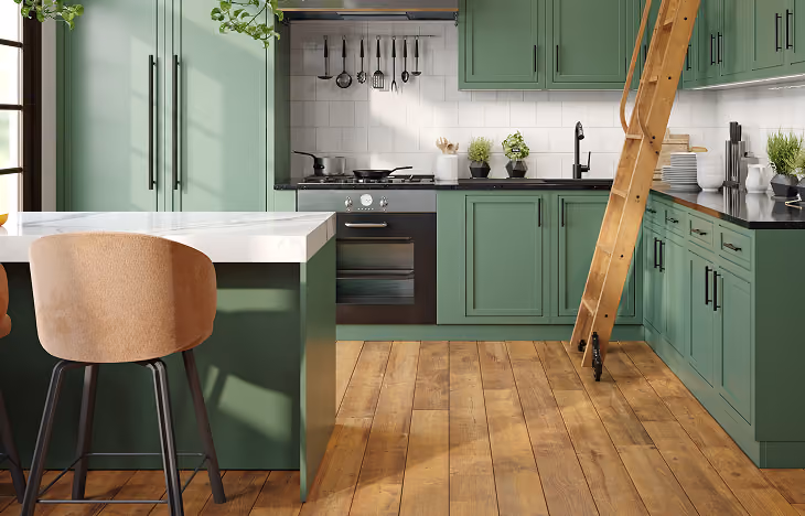 Modern sage green kitchen interior with wooden floors
