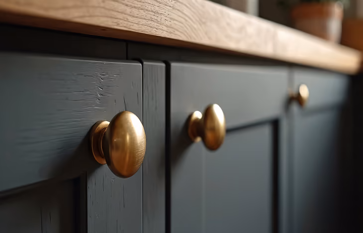 A macro shot of round brass knobs on dark gray shaker-style kitchen cabinet doors