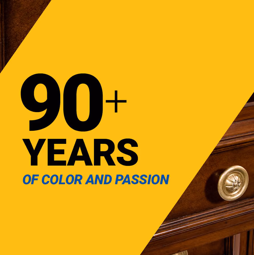 Yellow graphic text saying 90 plus years of color and passion