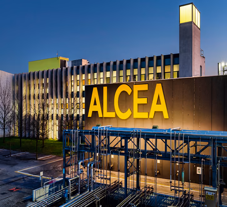 ALCEA factory building and industrial facility at dusk