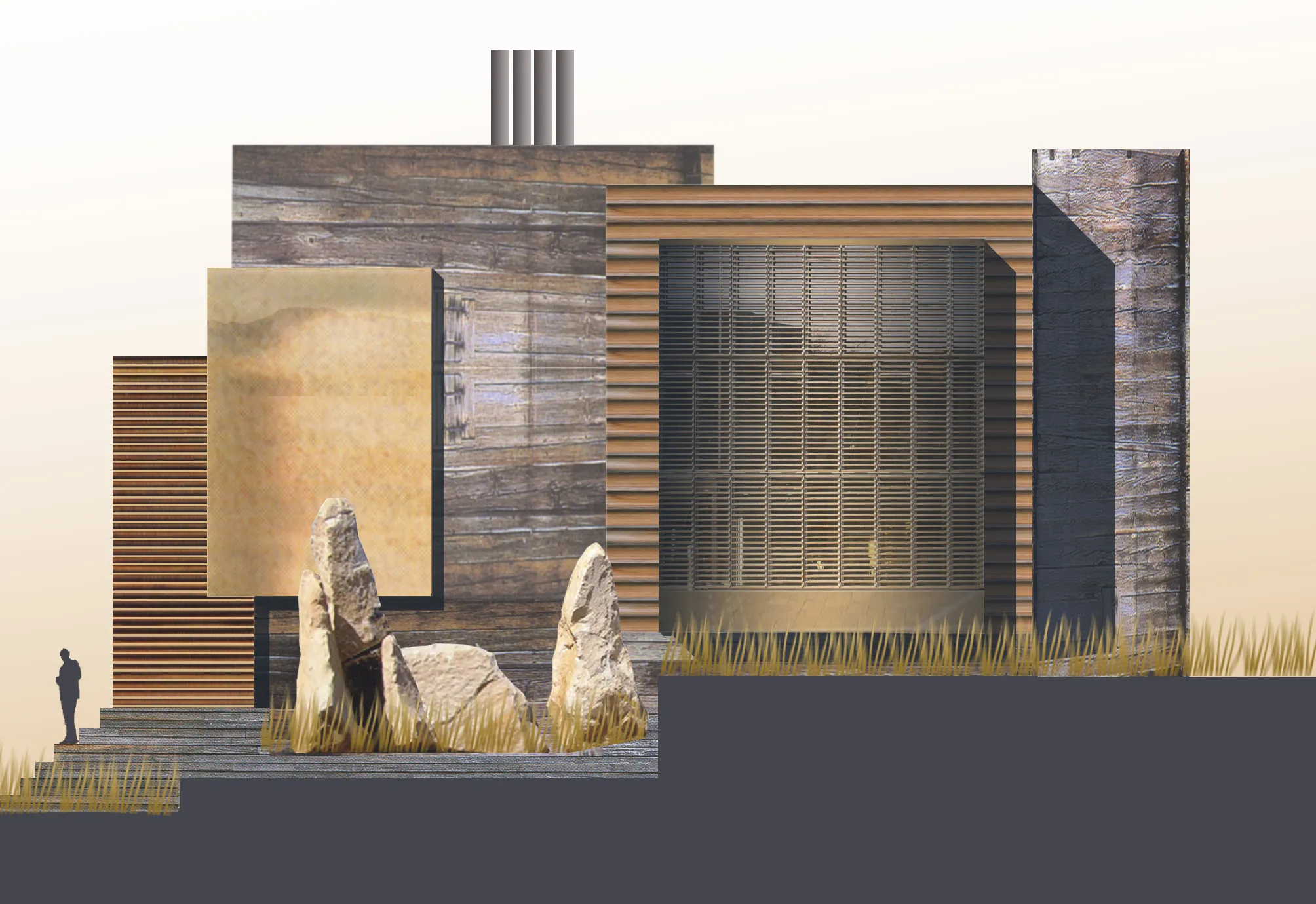 Barn-inspired residence in the Sun Valley area, Idaho — reclaimed wood siding at sunset — Susan Desko