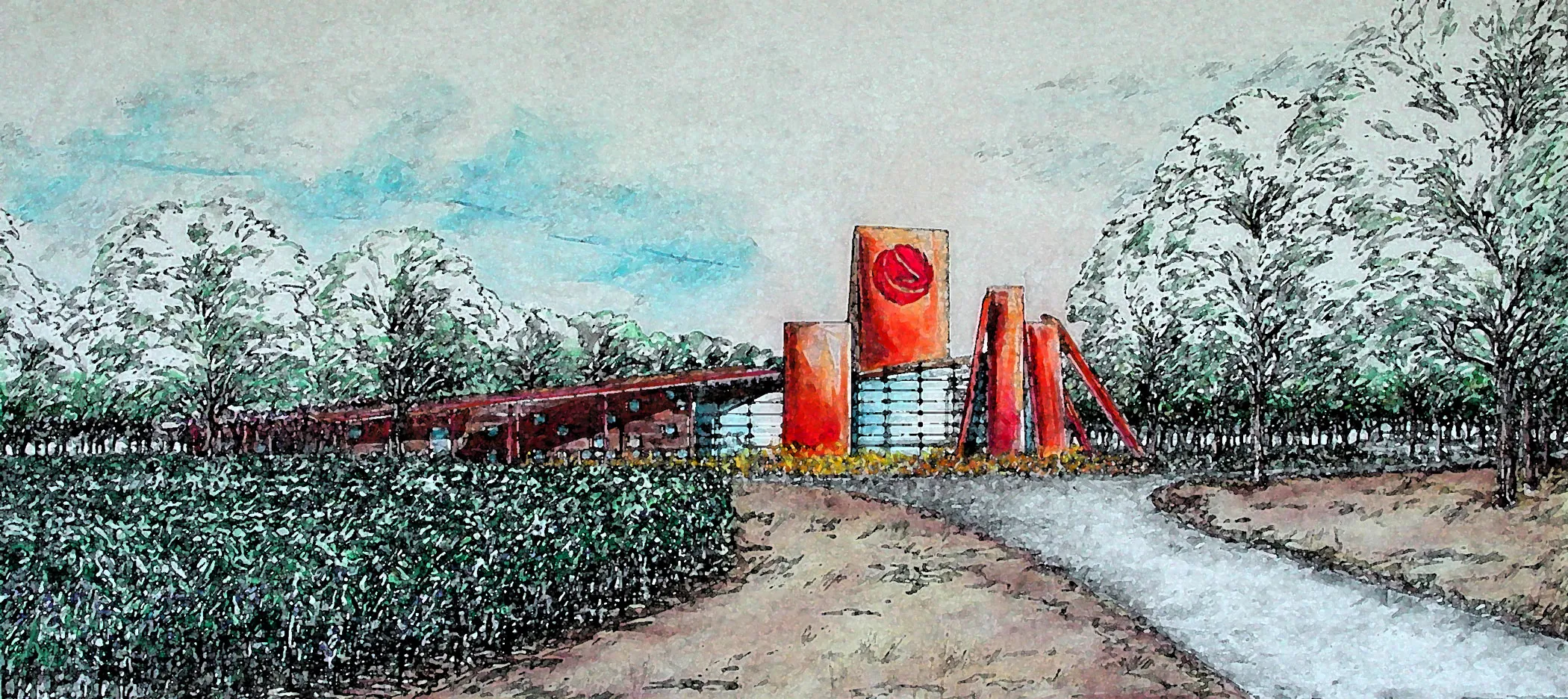 Kit Fox Winery watercolor rendering with sculptural red entry — Susan Desko