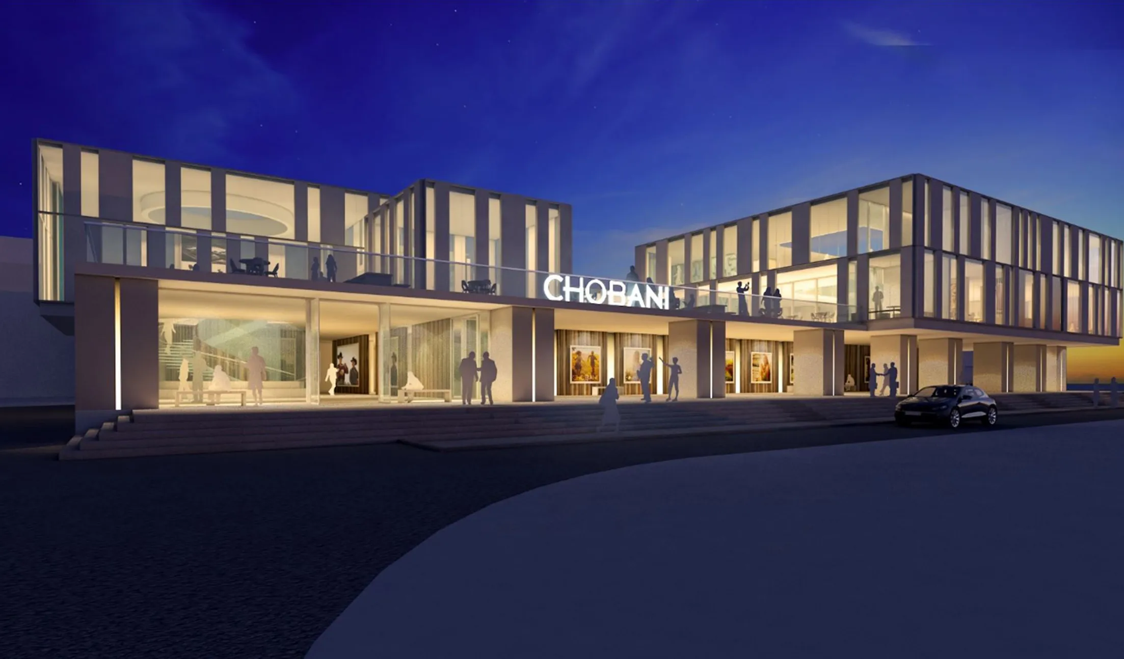 Chobani Innovation Center exterior at dusk — architecture by Susan Desko