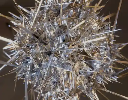 3D artwork of tangled metallic spikes.
