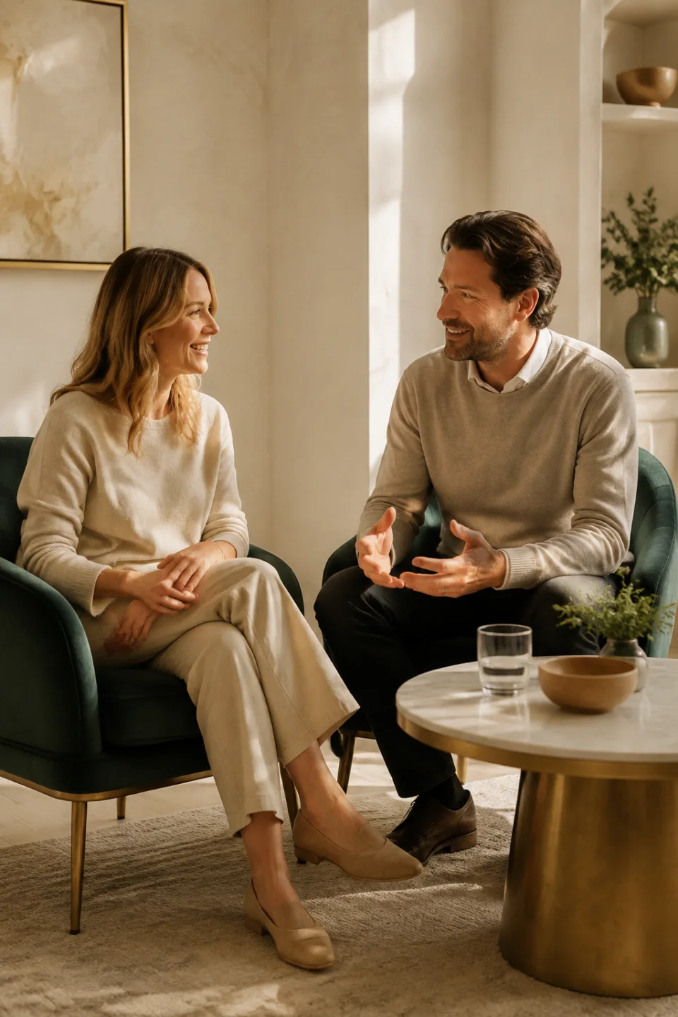 Illustrative conversation in a warm setting