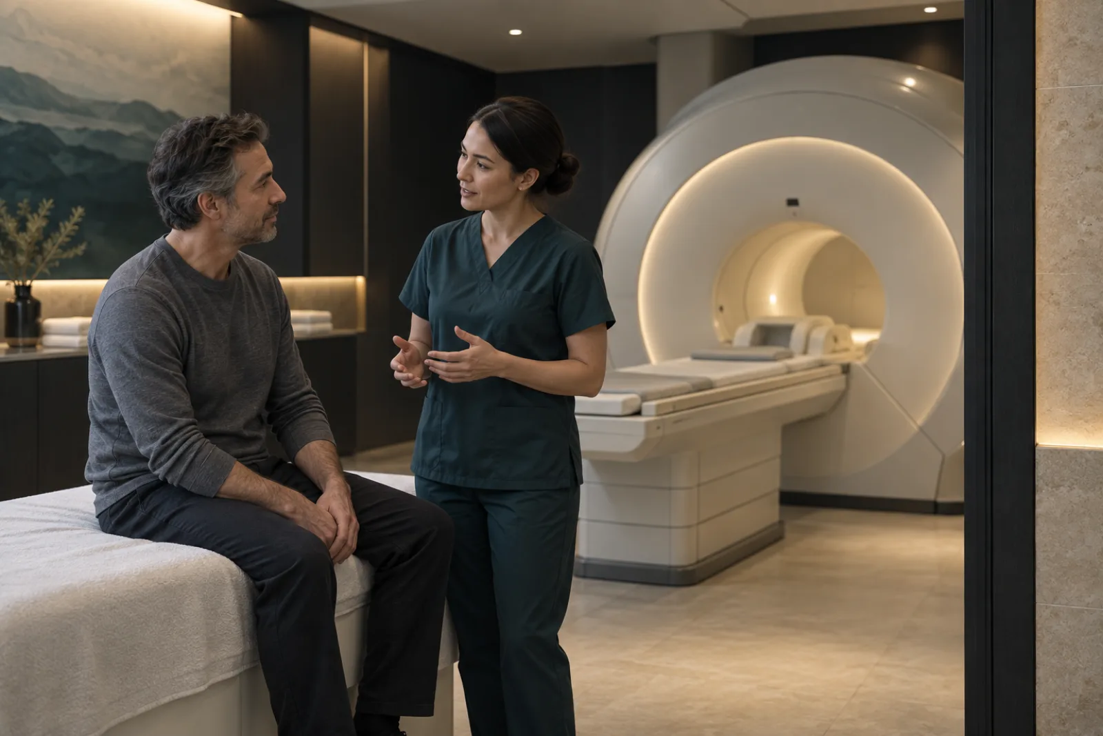 Illustrative MRI consultation beside a scanner