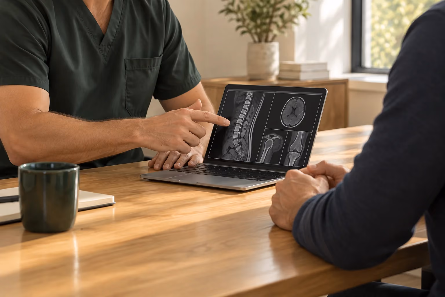 Illustrative scene of a male clinician and a visitor reviewing imaging together, framed on their hands with no faces visible.