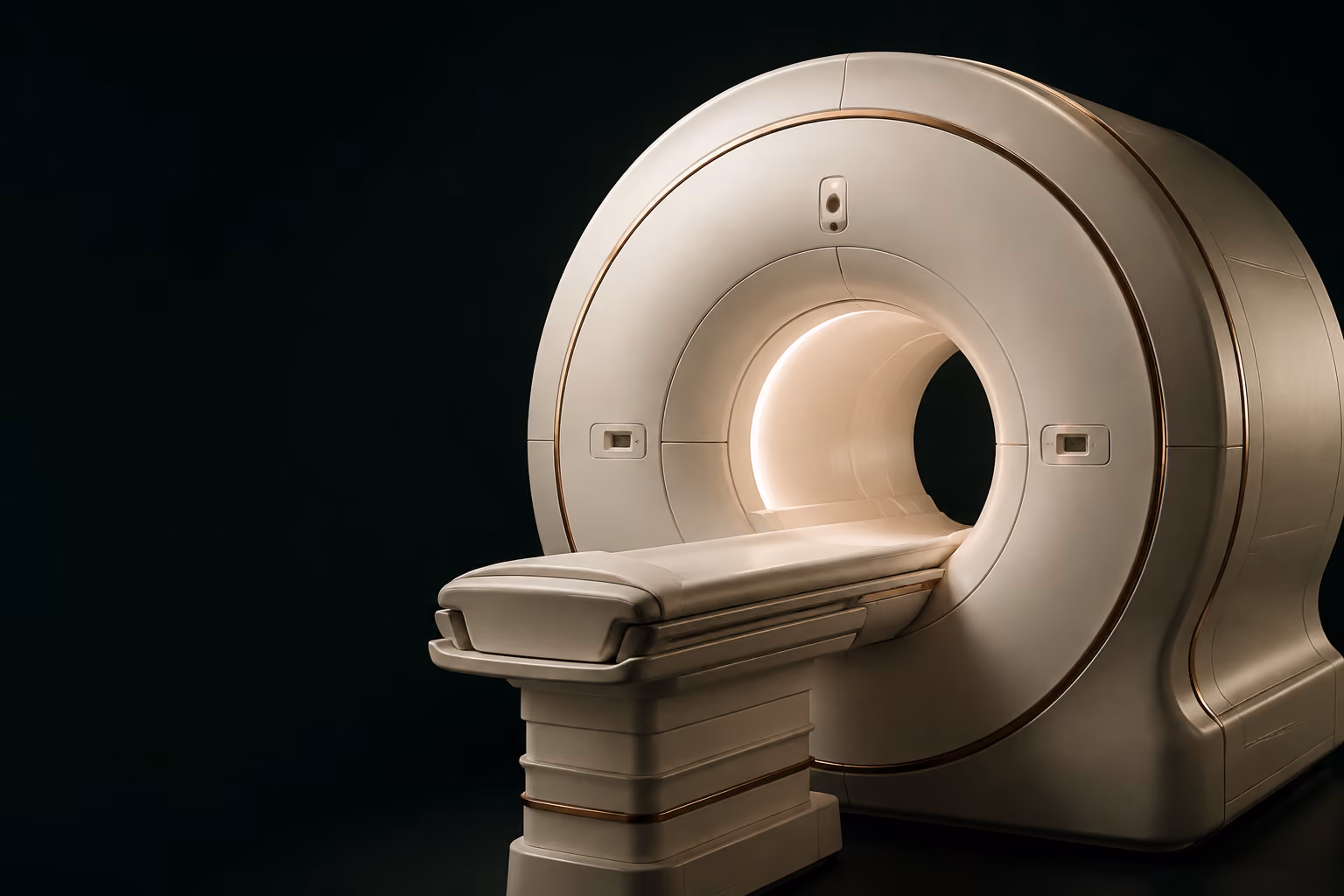 Conceptual cream-colored MRI sculpture against a dark green background.