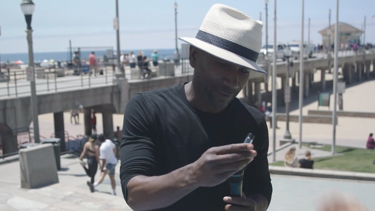 An Orange County resident being interviewed by the pier