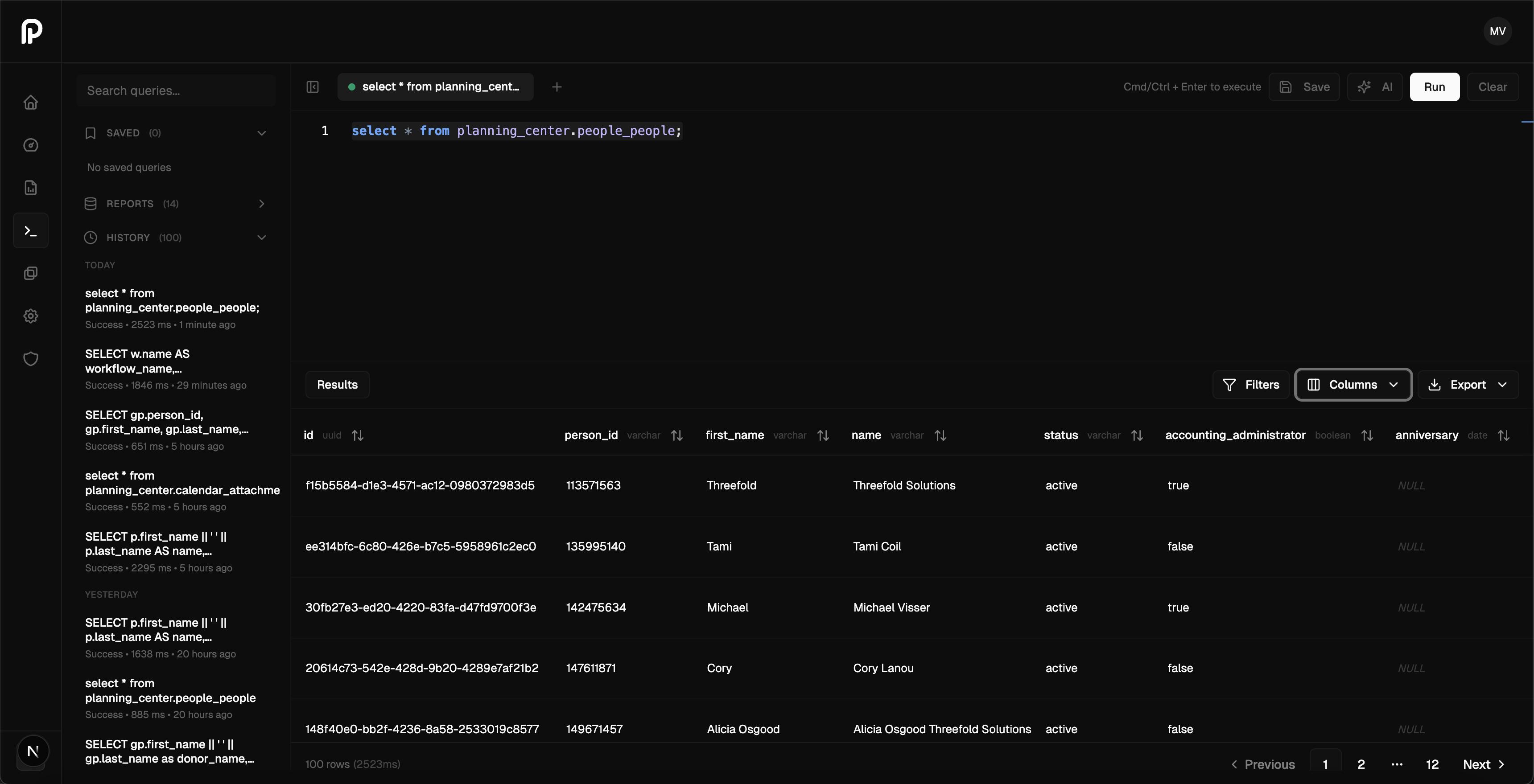 Dashboard showing 13 week rolling attendance with an average of 737, split into adults and kids, and a 70% attendance increase.