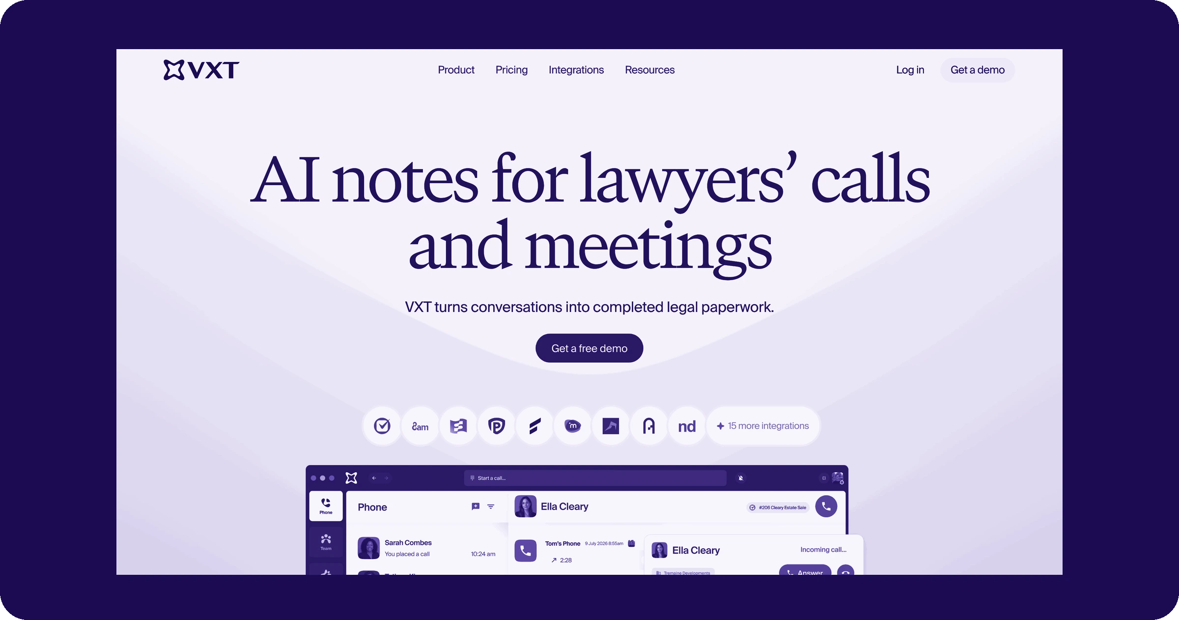 VXT website homepage: AI notes for lawyers' calls and meetings
