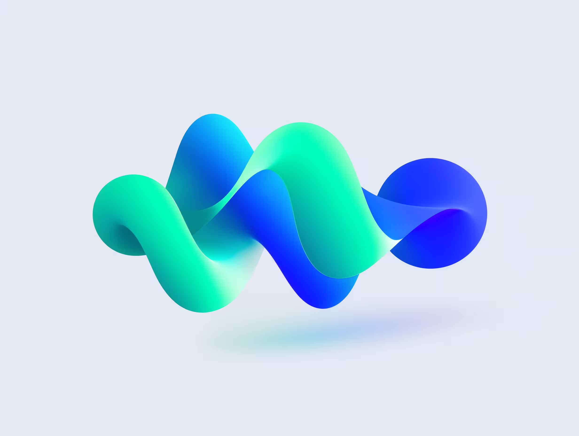 Abstrakte, wellenartige 3D-Form mit blau-grünen Farbverläufen auf hellem Hintergrund.