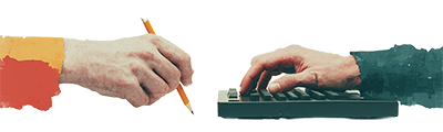 Left hand holding a pencil poised to write and right hand typing on a keyboard.