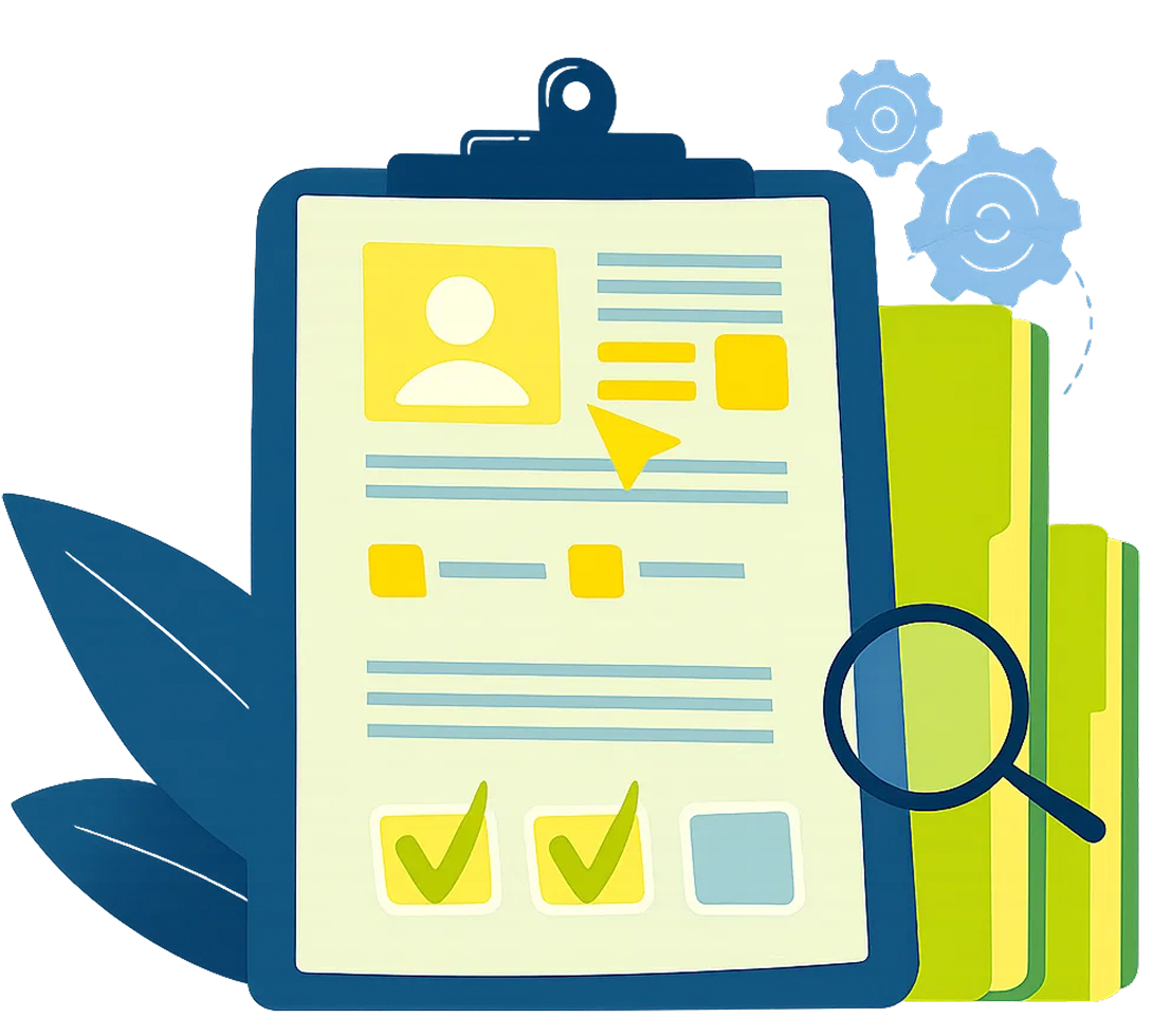 Illustration of a clipboard with profile details, check marks, magnifying glass and gears