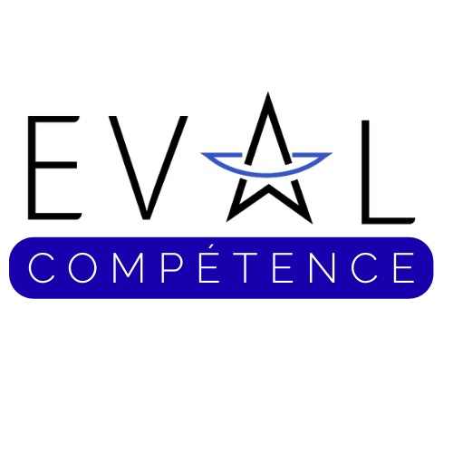 Minimalist blue smile icon above the word 'COMPÉTENCE' in white uppercase letters on a blue rounded rectangle background.